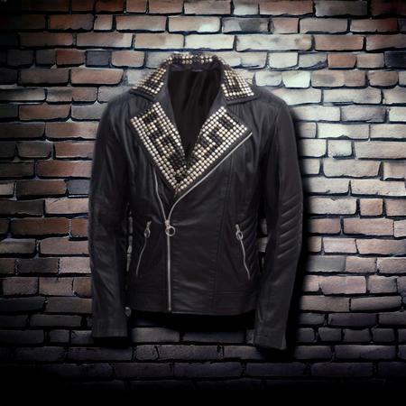 Black Silver Studded Leather Jacket for mens