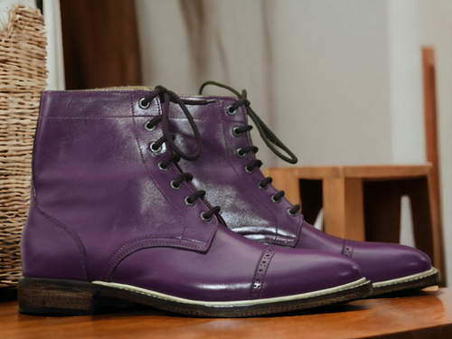 Handmade Men's Purple Leather Ankle High Boot, Lace Up Cap Toe Boot