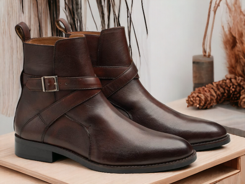 Ankle High Handmade Men's Chocolate Brown Leather Boot, Jodhpurs Boot