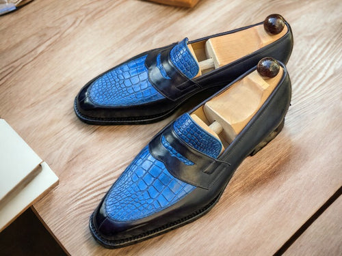 Men's Alligator Texture & Leather Shoes, Handmade Slip On Penny Loafer Formal Shoes