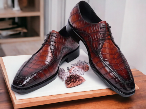Handmade Two Shaded Alligator Print Leather Shoes, Men's Dress Shoes