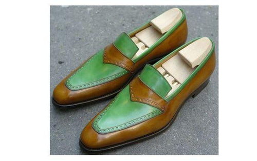 Handmade Men's Leather Green Brown Slip On Shoes - leathersguru