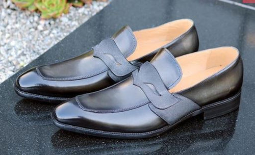 Apron Toe Silver Color Genuine Leather Moccasin Loafer SlipOn Handmade Men Shoes