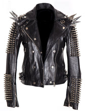 Load image into Gallery viewer, Black Women Genuine Classical Punk Style Leather Jacket Large Spike Silver Studs
