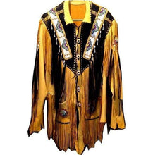 Load image into Gallery viewer, Western Tan Leather Jacket, Fringes Beads American Cowboy Jacket - leathersguru
