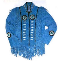 Load image into Gallery viewer, Western Suede Jacket, Men&#39;s Wear Fringes Beads Blue Color Jacket - leathersguru
