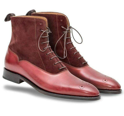 Ankle High Brogue Toe Leather Suede Maroon Boot - leathersguru