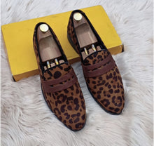 Load image into Gallery viewer, Handmade Men&#39;s Leopard Leather Penny Loafer Party Shoes
