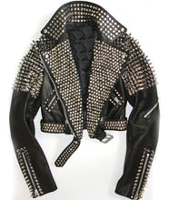 Load image into Gallery viewer,  Women Black Leather Rock Women Steam Punk Style Studded Biker Jacket Silver Long Studs 
