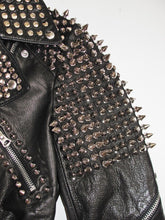 Load image into Gallery viewer,  Women Black Leather Rock Women Steam Punk Style Studded Biker Jacket Silver Long Studs 
