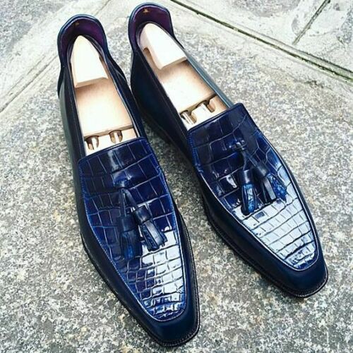 Men Navy Blue Crocodile Shoes, Crocodile Textured Leather For Mens