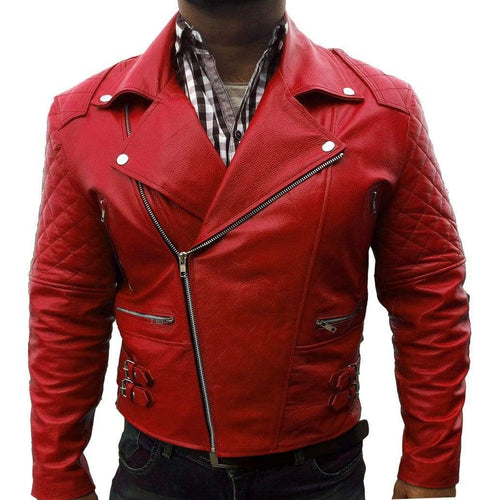 Red Ribbed Fashion Leather jacket for Men's - leathersguru