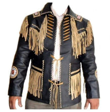 Load image into Gallery viewer, Men&#39;s Leather Jacket Western Wear Cowboy Black Beige Fringe Jacket - leathersguru
