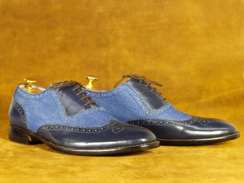 Bespoke Black & Blue Wing tip Denim Leather Shoes, Men's Oxford Shoes