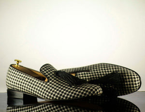 Bespoke Black & White Dog Print Suede Tussle Loafer Shoes for Men - leathersguru