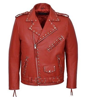 Handmade Men's Style Studded Brando Red Magnificent Leather Jacket