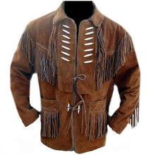 Load image into Gallery viewer, Men&#39;s Brown Suede Western Jacket, Suede Leather Jacket , Suede Cowboy Fringe Jacket - leathersguru
