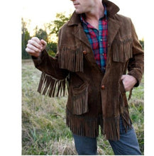 Load image into Gallery viewer, Men&#39;s Western Suede Jacket, Dark Brown Cowboy Suede Fringe Jacket - leathersguru
