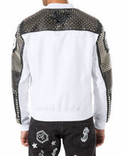Load image into Gallery viewer, Men White Black Silver Studded Embroidery Patches Cowhide Biker Leather Jackets
