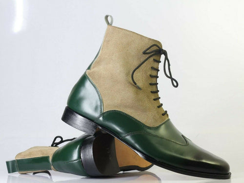 Bespoke Beige Green Wing Tip Lace Up Boots for Men - leathersguru