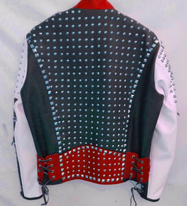 Multi Color Biker Studded Leather Coat Jacket with Adjustable Waist Belted Strap