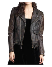 Load image into Gallery viewer, Women Cafe Racer Biker Distressed Brown Vintage Real Leather Jacket - leathersguru
