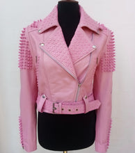 Load image into Gallery viewer, New Handmade Women Pink Full Spiked Studded Rock Punk Belted Brando Stylish Designed Cowhide Leather Jacket
