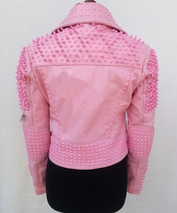 New Handmade Women Pink Full Spiked Studded Rock Punk Belted Brando Stylish Designed Cowhide Leather Jacket