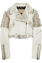 Load image into Gallery viewer, New Woman Full White Punk Brando Spiked Studded Leather Jacket 
