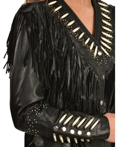 Western Women's Black Cow Leather Jacket with Fringe Style