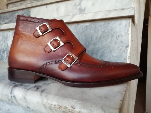 Bespoke Burgundy Chukka Leather Three Monk Strap Boots - leathersguru