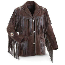 Load image into Gallery viewer, Men&#39;s Bluish Brown Suede Western Cowboy Leather Jacket Fringe Bones - leathersguru
