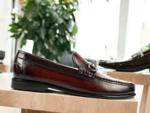 Handmade Cordovan Color Loafer Shoes, Men's Horsebit Style Shoes. Genuine Leather Shoes