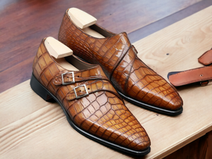 Handmade Brown Double Buckle Alligator Print Leather Shoes, Men's Formal Shoes