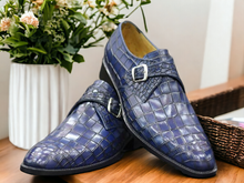 Load image into Gallery viewer, Handmade Blue Alligator Print Shoes, Men&#39;s Formal Buckle Shoes
