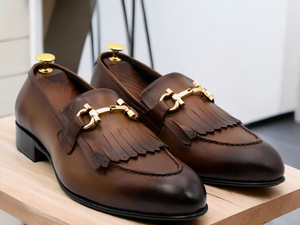 Handmade Dark Brown Fringe Horse bit Style Real Leather Shoes, Men's Loafer Shoes