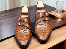 Load image into Gallery viewer, Handmade Brown Double Buckle Alligator Print Leather Shoes, Men&#39;s Formal Shoes
