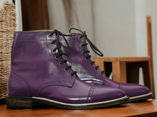 Load image into Gallery viewer, Handmade Men&#39;s Purple Leather Ankle High Boot, Lace Up Cap Toe Boot
