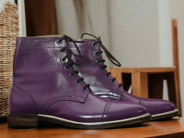 Handmade Men's Purple Leather Ankle High Boot, Lace Up Cap Toe Boot