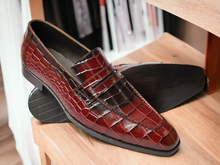 Load image into Gallery viewer, Men&#39;s Hand Painted Red Alligator print Shoes, Slip On Penny Loafer Shoes
