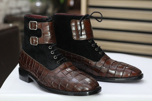 Ankle High Alligator Leather & Suede Boot, Double Buckle Boot, Men's Designer Boot