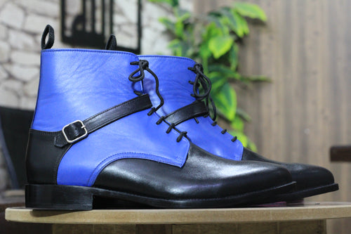 Ankle High Black Blue Leather Boot, Handmade Buckle Lace Up Style Boot For Men's