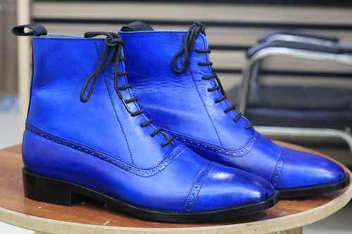 Ankle High Blue Cap Toe Lace Up Boot, Handmade Boot, Fashion Leather Boot