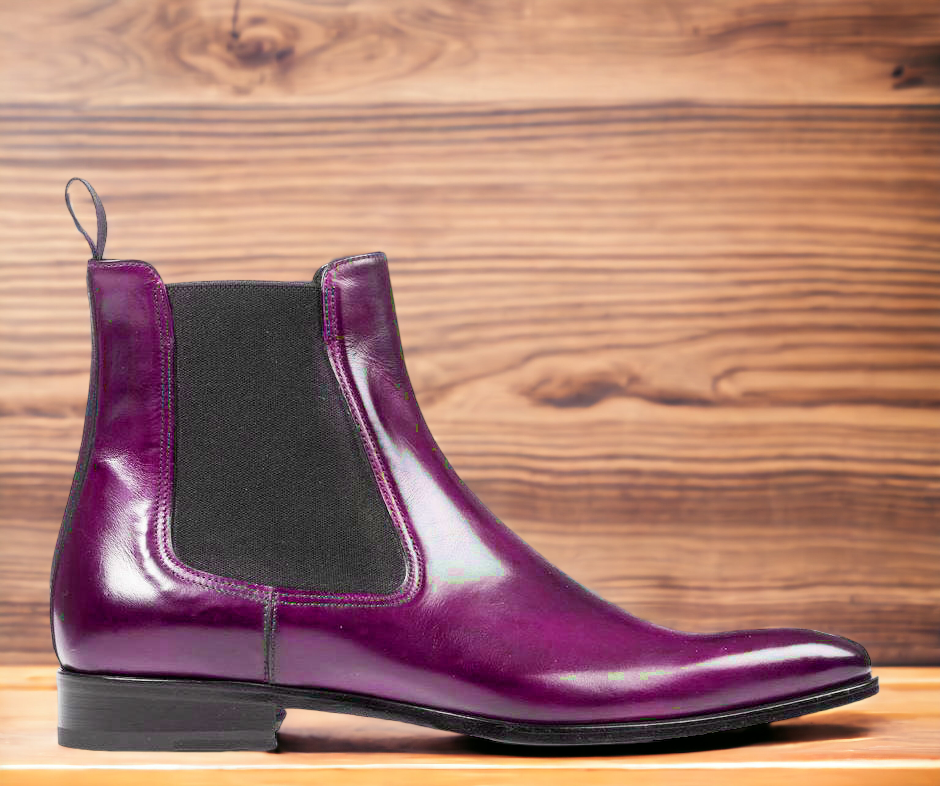 Ankle High Purple Chelsea Leather Boots, Hand Painted Men's Oxford Leather Boot,