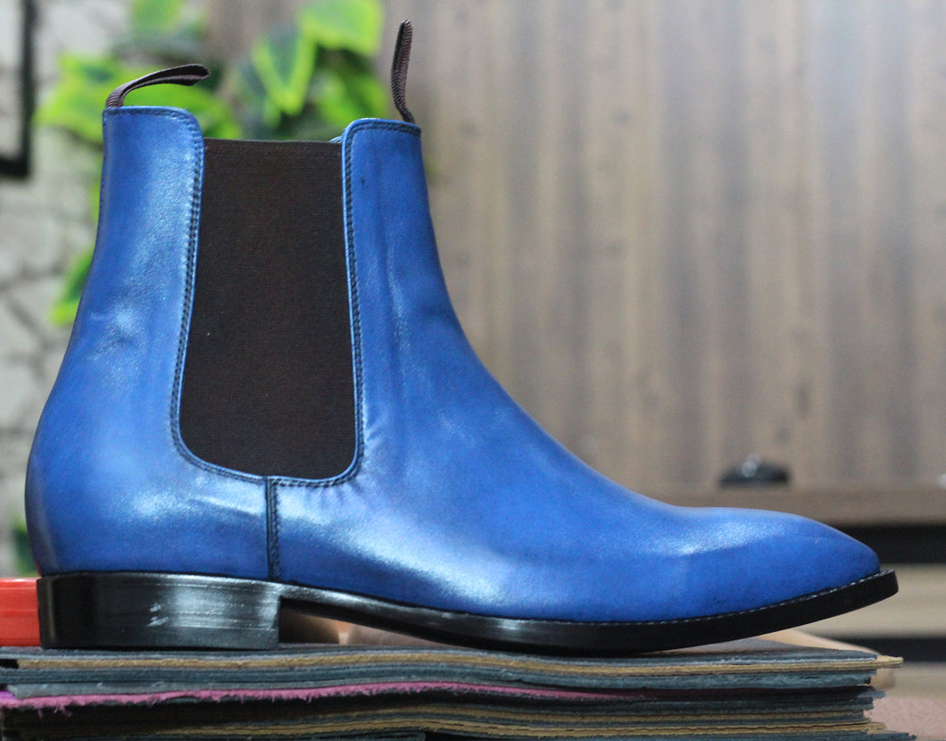  Ankle High Handmade Blue Chelsea Leather Boot, Men's Boot, Classic Boot
