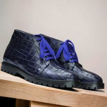 Load image into Gallery viewer, Ankle High Navy Blue Lace Up Alligator Boot, Handmade Rubber Sole Boots For Men&#39;s 
