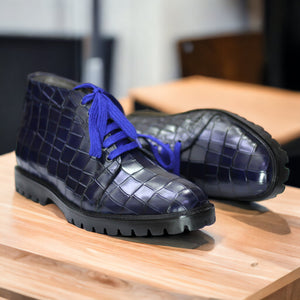 Ankle High Navy Blue Lace Up Alligator Boot, Handmade Rubber Sole Boots For Men's 