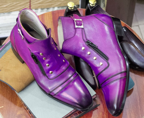  Ankle High Purple Leather Boot, Side Zipper Cap Toe Style Boot, Handmade Men's Boot