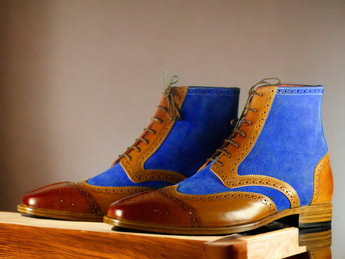 Ankle High Blue Brown Wing Tip Leather Suede Handmade Fashion Boot