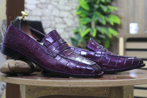 Hand Painted Purple Alligator Penny Loafer Shoes, Slip On Loafer Shoes